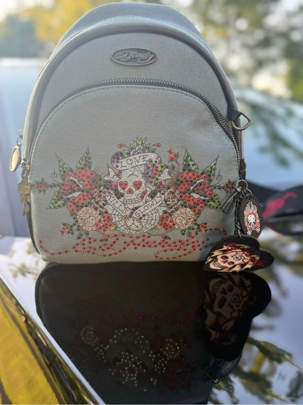 Ed Hardy Light Gray/blue denim Backpack with Embellished Skull & Rose Design